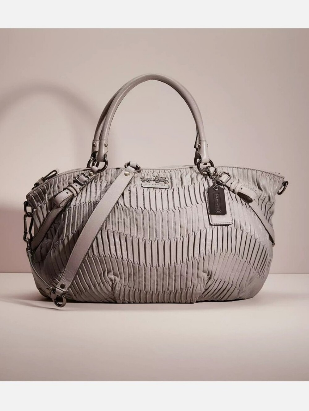 COACH Madison Sophia 2 Way Satchel Gray Gathered Leather Purple Interior EUC